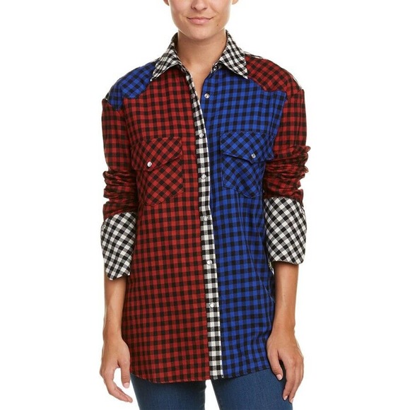 NWT! Petersyn x Revolve •S• Carnaby Tartan Plaid Red White Blue Shirt Pearl Snap - Picture 3 of 12